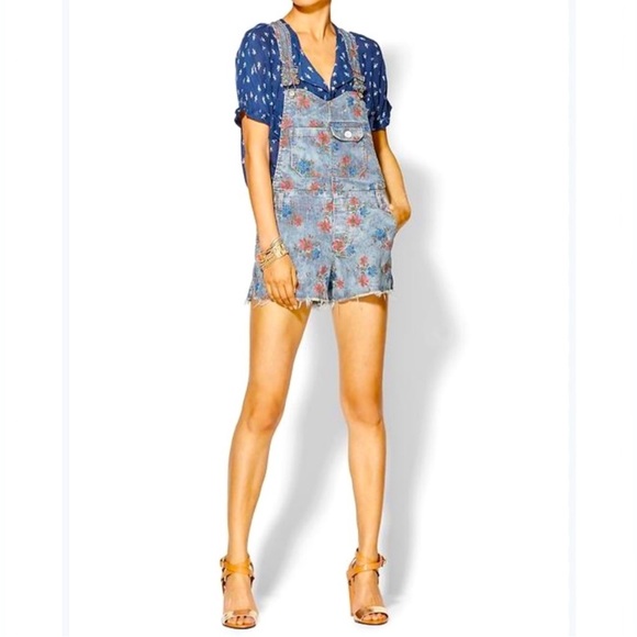 NWOT Free People Railroad Floral Print Denim Overalls Jumpsuit Size 8 - Picture 5 of 12
